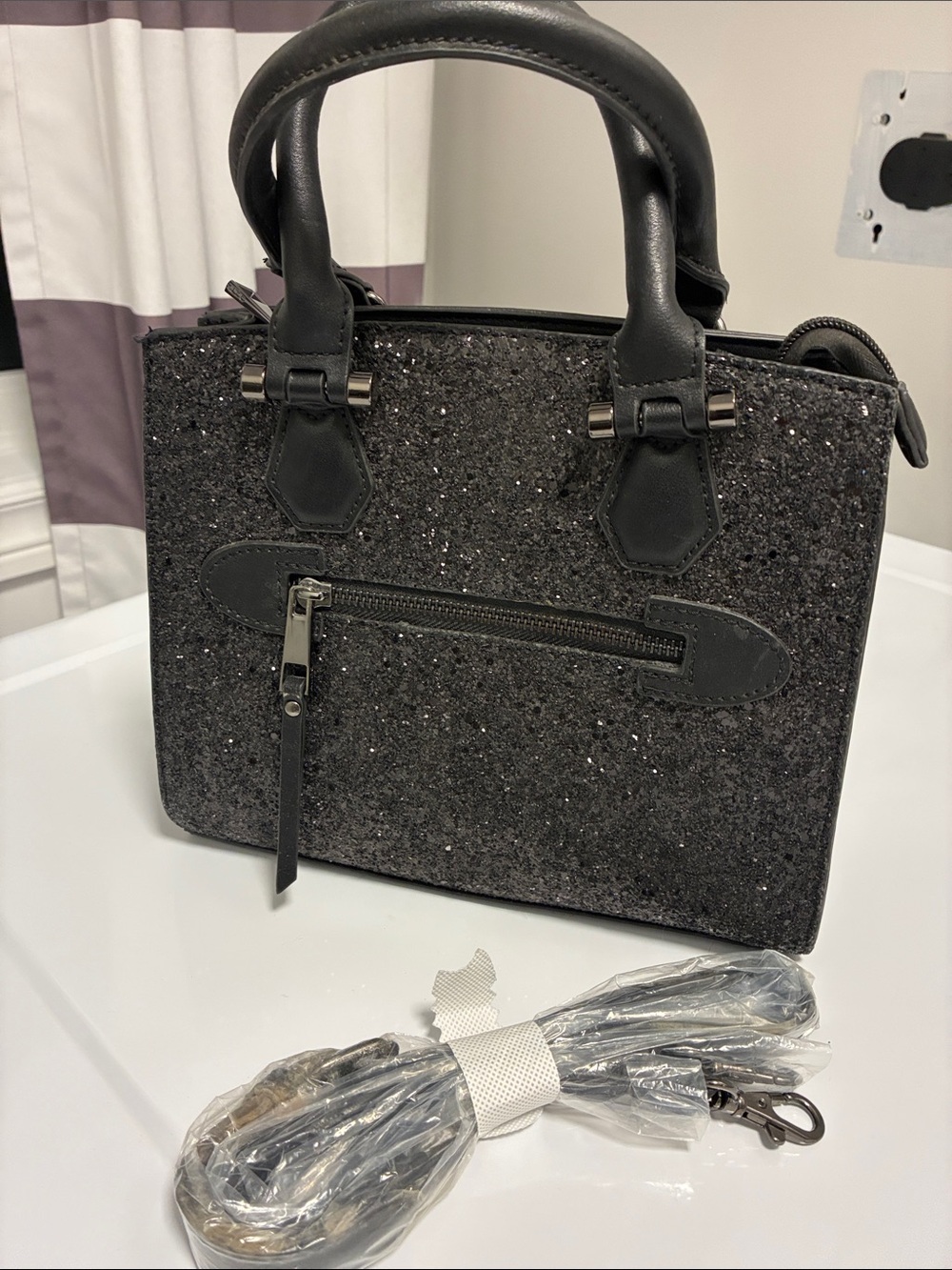 ALDO Black Glitter Tote Bag with Top Handles